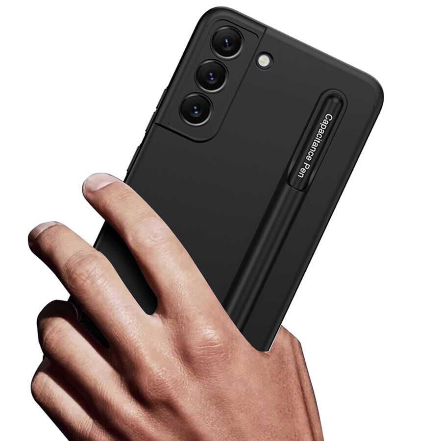 Samsung Galaxy S22 Kılıf Mat Görünümlü İnce Tasarımlı Kalemli Ays Kapak Siyah