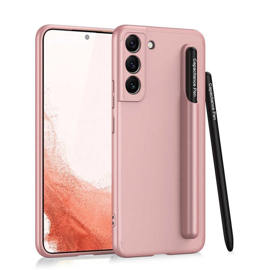 Samsung Galaxy S22 Kılıf Mat Görünümlü İnce Tasarımlı Kalemli Ays Kapak Rose Gold