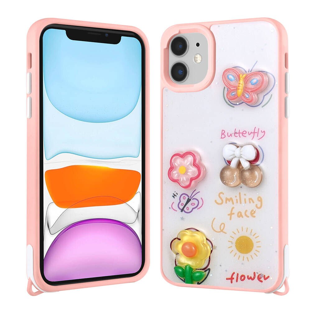 Apple iPhone 11 Kılıf Parlayan Sıvılı Simli Kabartma Figürlü Kapak (Cevze) Pembe