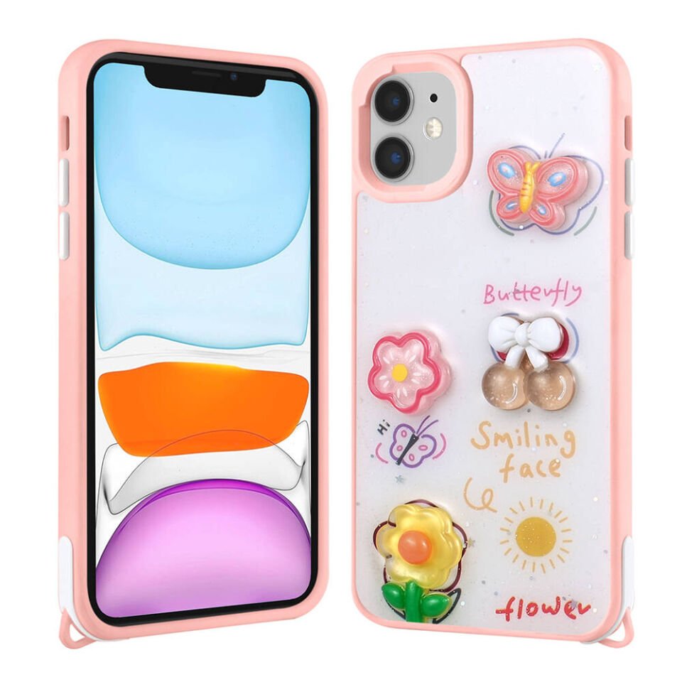 Apple iPhone 11 Kılıf Parlayan Sıvılı Simli Kabartma Figürlü Kapak (Cevze) Pembe