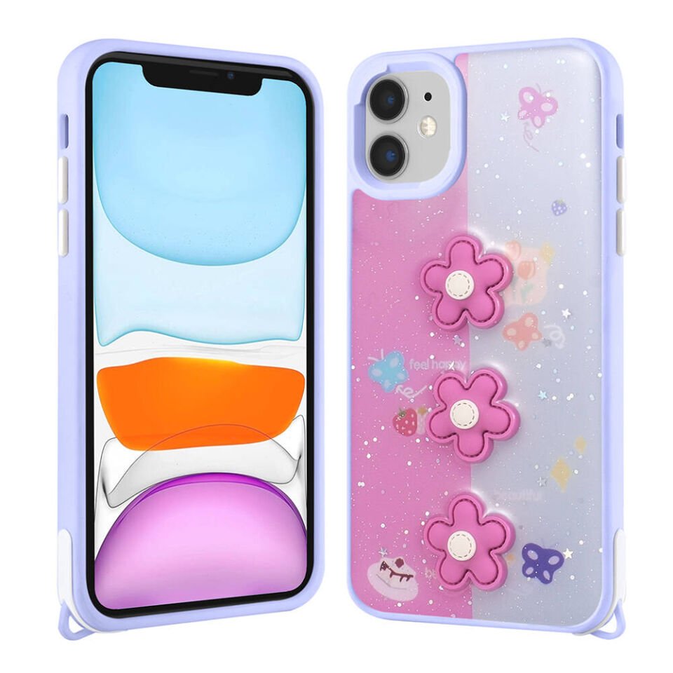 Apple iPhone 11 Kılıf Parlayan Sıvılı Simli Kabartma Figürlü Kapak (Cevze) Beyaz
