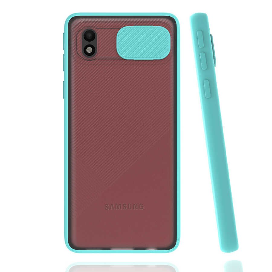 Samsung Galaxy A01 Core Kılıf Slayt Sürgülü Kamera Korumalı Renkli Silikon Kapak Turkuaz