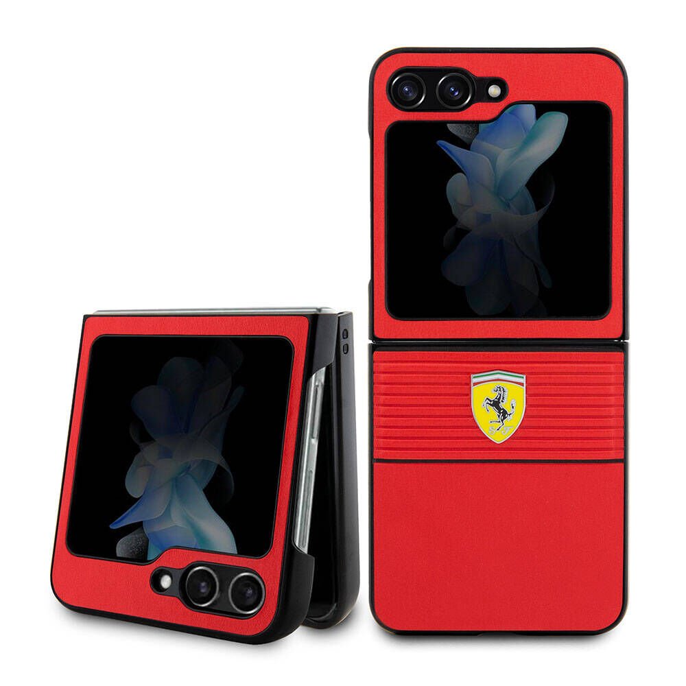 Samsung Galaxy Z Flip 5 Kılıf Ferrari Orjinal Lisanslı PU Deri Metal Logolu Multi Çizgili Kapak