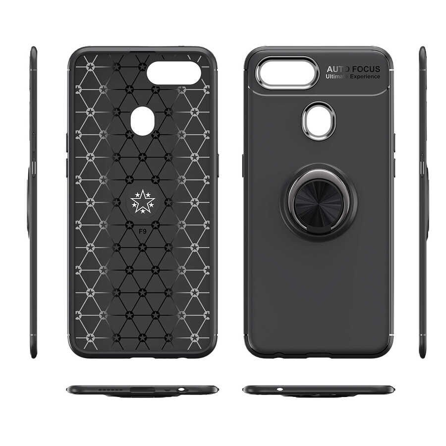 Oppo A12 Kılıf Kamera Çıkıntılı Renkli Yüzüklü Standlı Mıknatıslı Kapak (RAVEL) Siyah