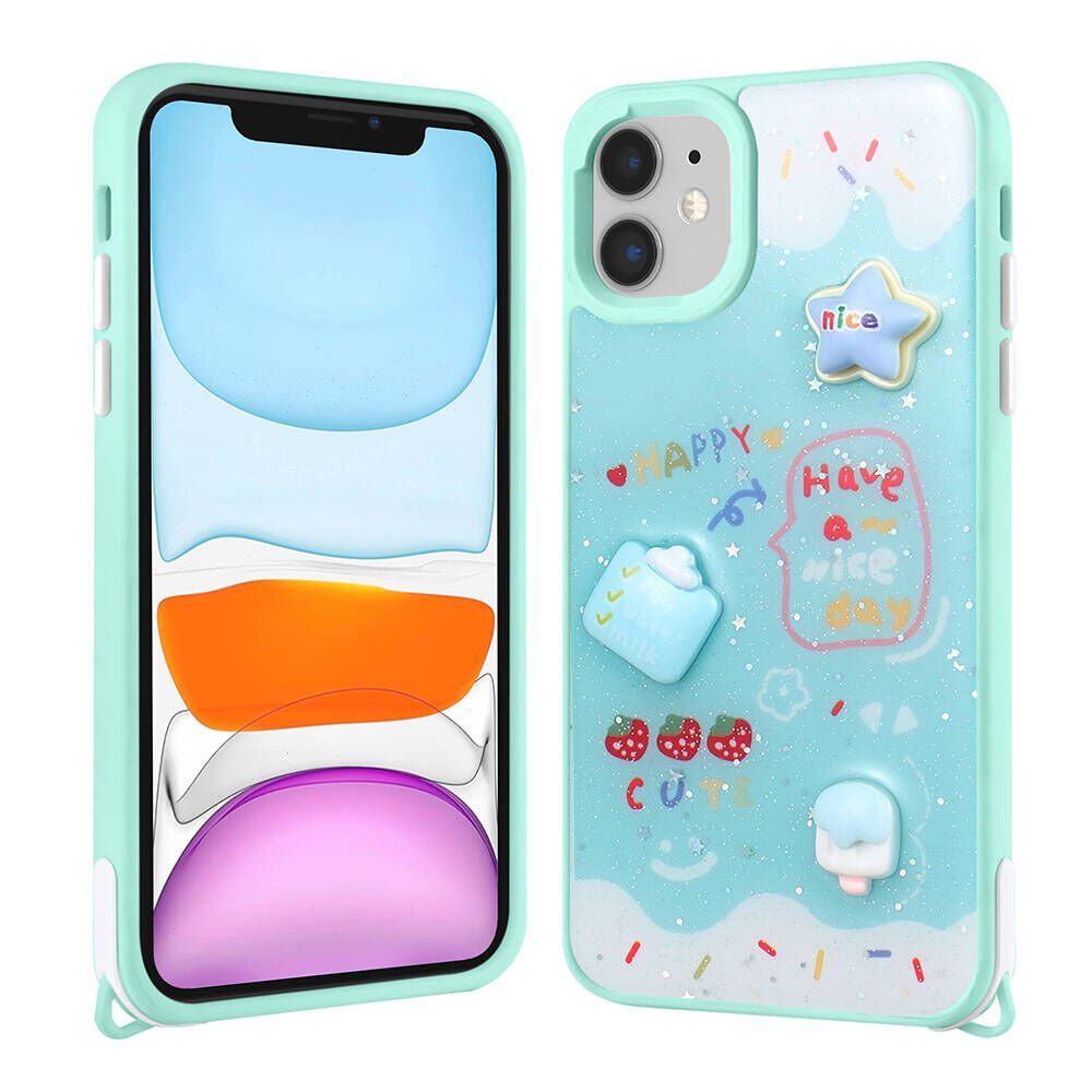 Apple iPhone 11 Kılıf Parlayan Sıvılı Simli Kabartma Figürlü Kapak (Cevze) Yeşil