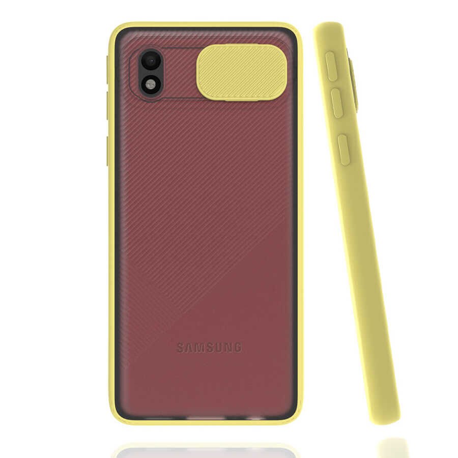 Samsung Galaxy A01 Core Kılıf Slayt Sürgülü Kamera Korumalı Renkli Silikon Kapak Sarı