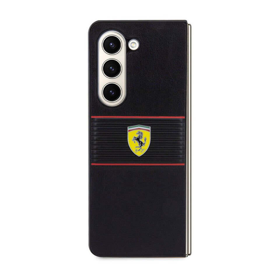 Samsung Galaxy Z Fold 5 Kılıf Ferrari Orjinal Lisanslı PU Deri Metal Logolu Multi Çizgili Kapak