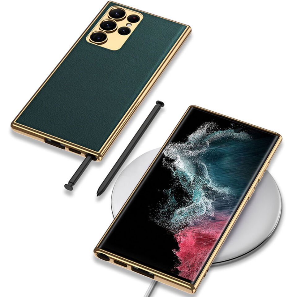 Samsung Galaxy S23 Ultra Kılıf Deri Görünümlü Kenarları Elektroplating Kaplamalı Kapak (Fizyon) Kırmızı
