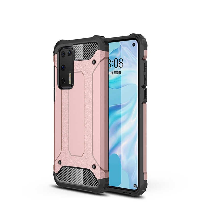 Huawei P40 Kılıf Armor Köşe Korumalı Çift Katman Tank Zırh Kapak (CRASH) Rose Gold