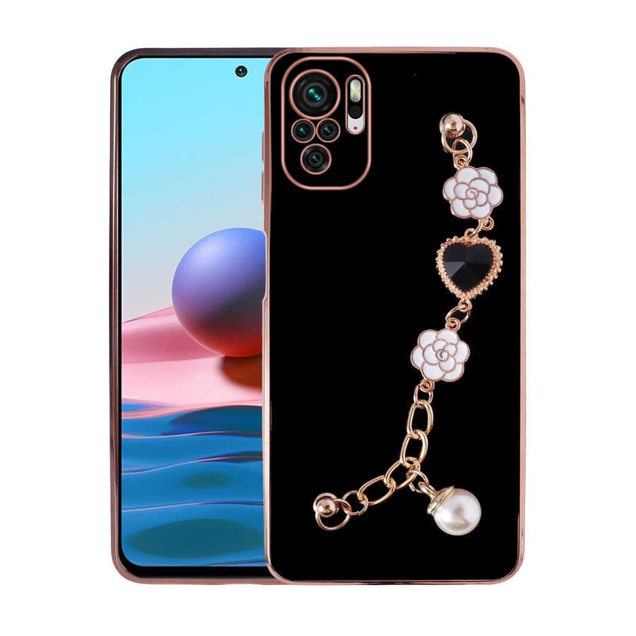 Xiaomi Redmi Note 10S Kılıf Çiçek Desenli Askılı Tutamaçlı Kamera Korumalı Kapak (TAKA) Mor