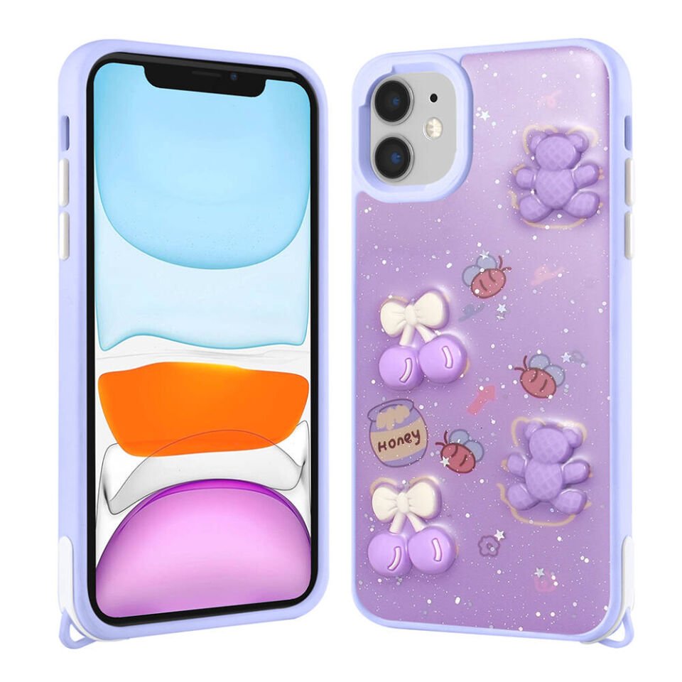 Apple iPhone 11 Kılıf Parlayan Sıvılı Simli Kabartma Figürlü Kapak (Cevze) Mor Ayı