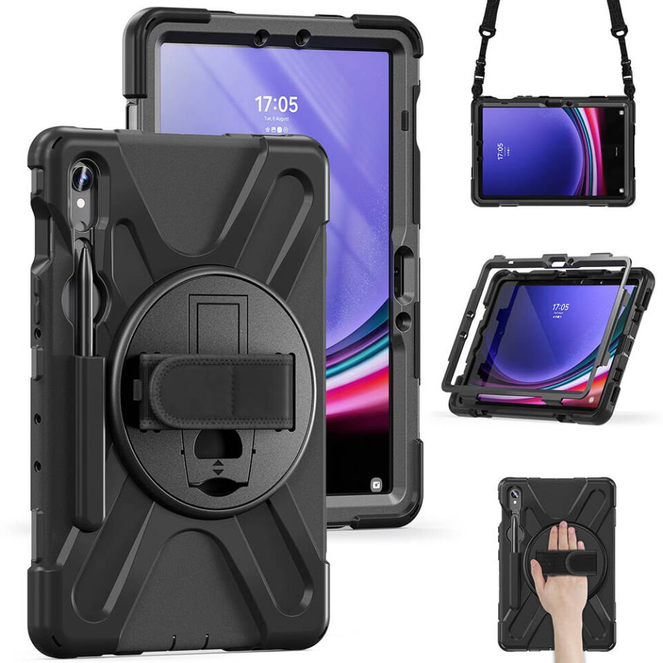 Samsung Galaxy Tab S9 FE Kılıf Askılı Standlı Tank Koruyucu Dönen Kapak (DEFENDER) Siyah
