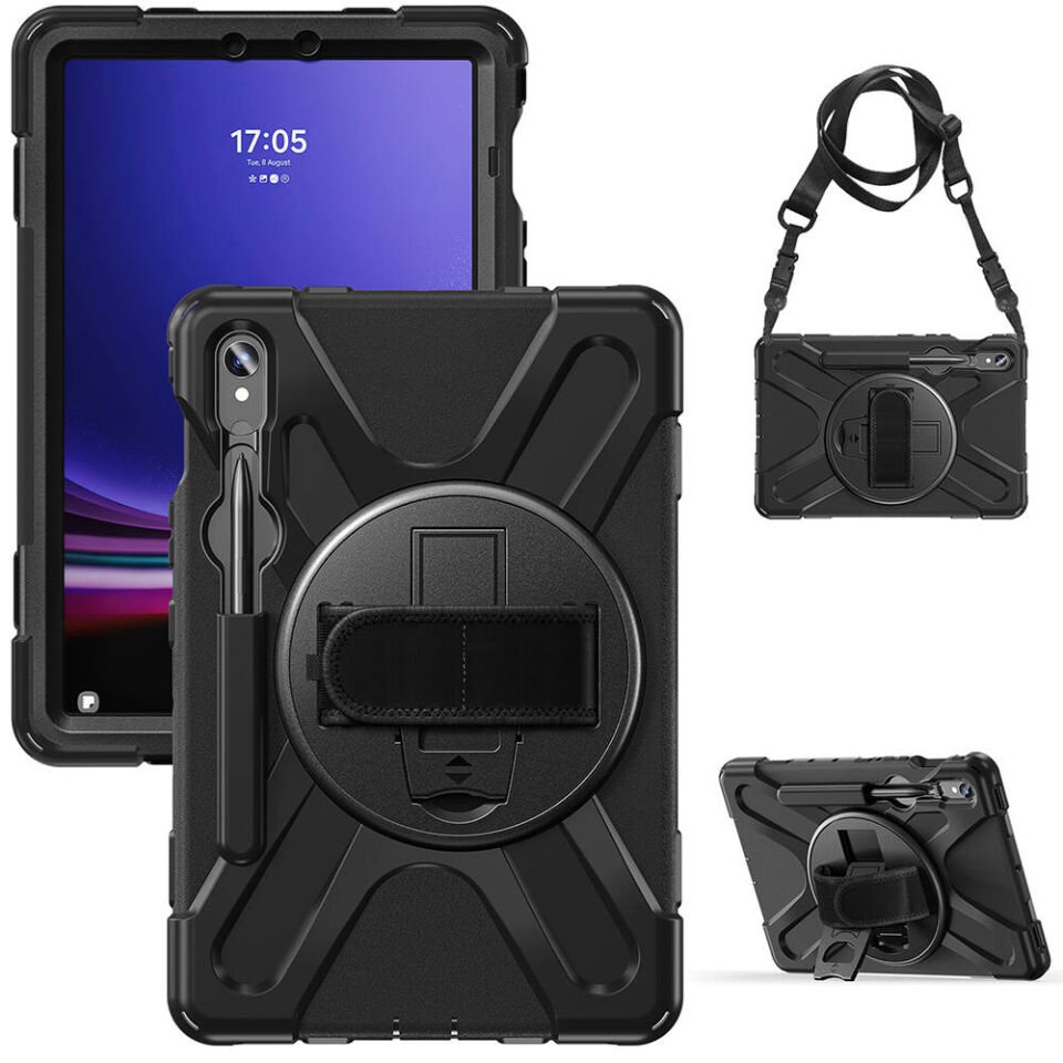 Samsung Galaxy Tab S9 FE Kılıf Askılı Standlı Tank Koruyucu Dönen Kapak (DEFENDER) Siyah