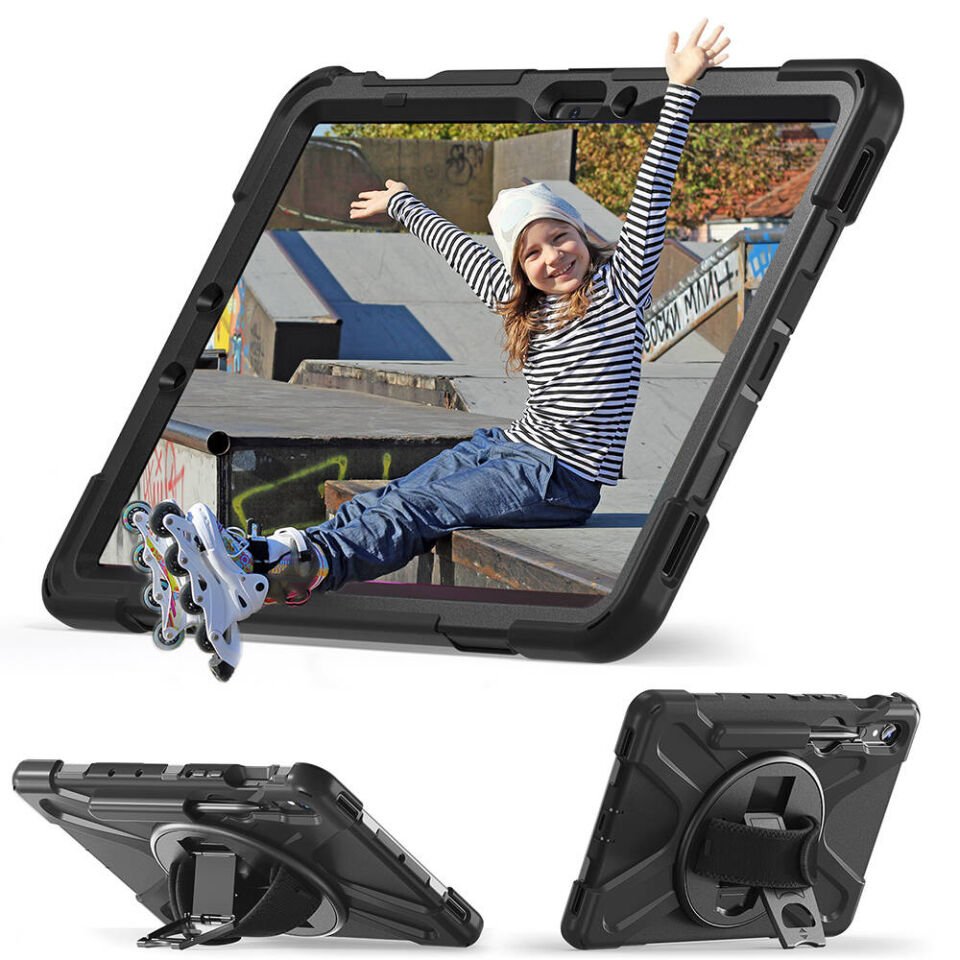 Samsung Galaxy Tab S9 FE Kılıf Askılı Standlı Tank Koruyucu Dönen Kapak (DEFENDER) Siyah