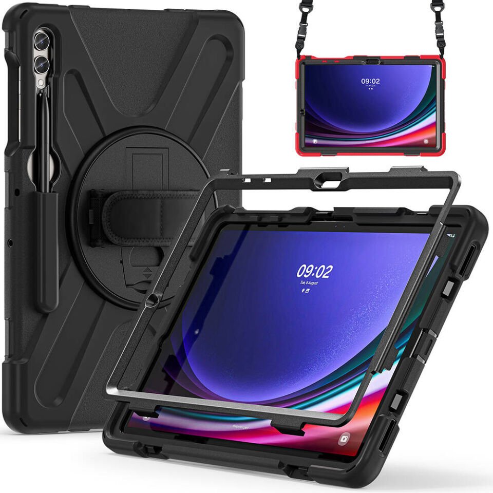 Samsung Galaxy Tab S9 FE Plus Kılıf Askılı Standlı Tank Koruyucu Dönen Kapak (DEFENDER) Siyah