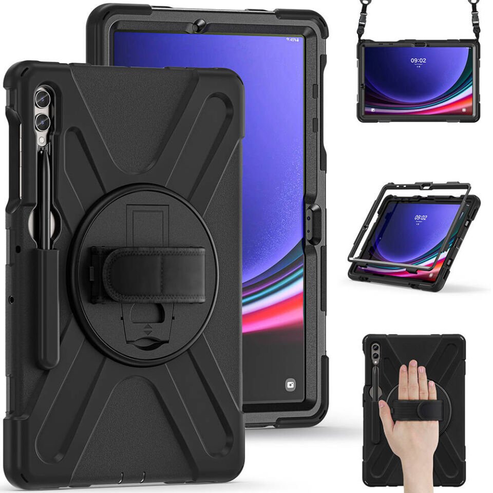 Samsung Galaxy Tab S9 FE Plus Kılıf Askılı Standlı Tank Koruyucu Dönen Kapak (DEFENDER) Siyah