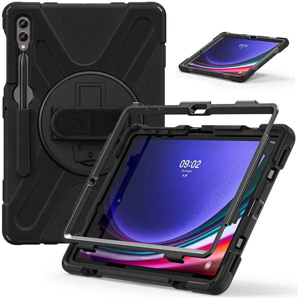 Samsung Galaxy Tab S9 FE Plus Kılıf Askılı Standlı Tank Koruyucu Dönen Kapak (DEFENDER) Siyah