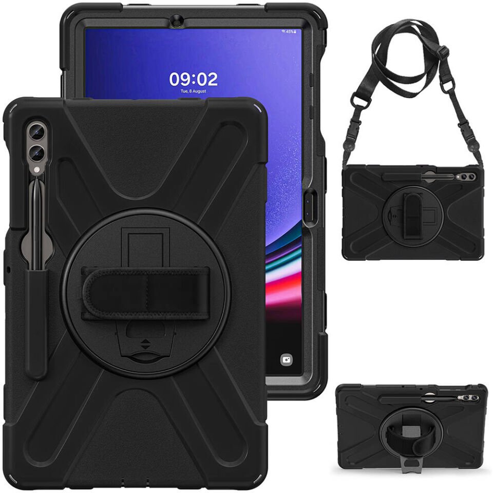 Samsung Galaxy Tab S9 FE Plus Kılıf Askılı Standlı Tank Koruyucu Dönen Kapak (DEFENDER) Siyah
