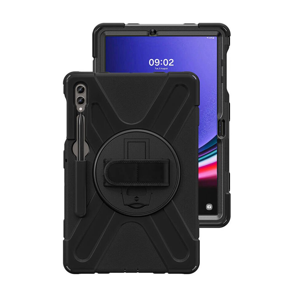 Samsung Galaxy Tab S9 FE Plus Kılıf Askılı Standlı Tank Koruyucu Dönen Kapak (DEFENDER) Siyah