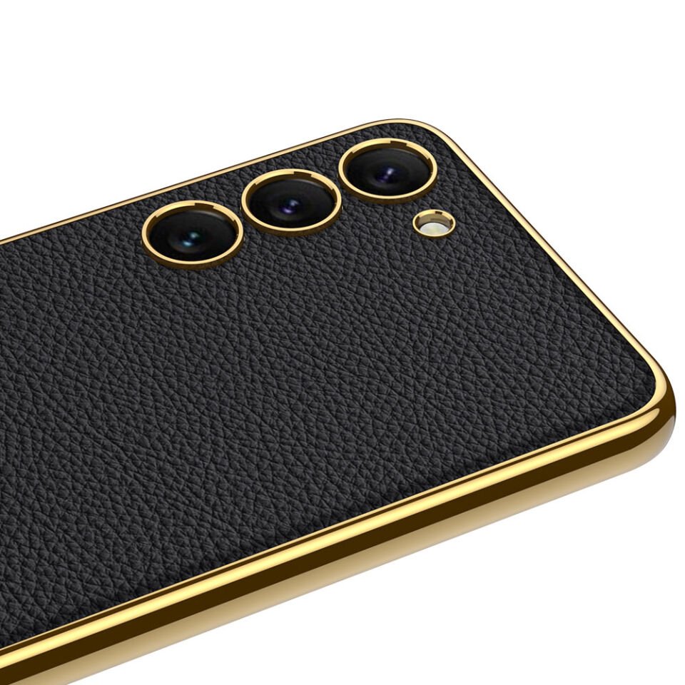 Samsung Galaxy S23 Plus Kılıf Deri Görünümlü Kenarları Elektroplating Kaplamalı Kapak (Fizyon) Siyah