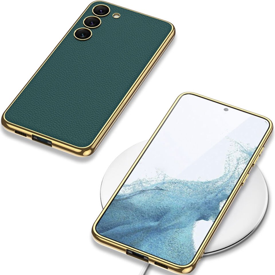 Samsung Galaxy S23 Plus Kılıf Deri Görünümlü Kenarları Elektroplating Kaplamalı Kapak (Fizyon) Siyah