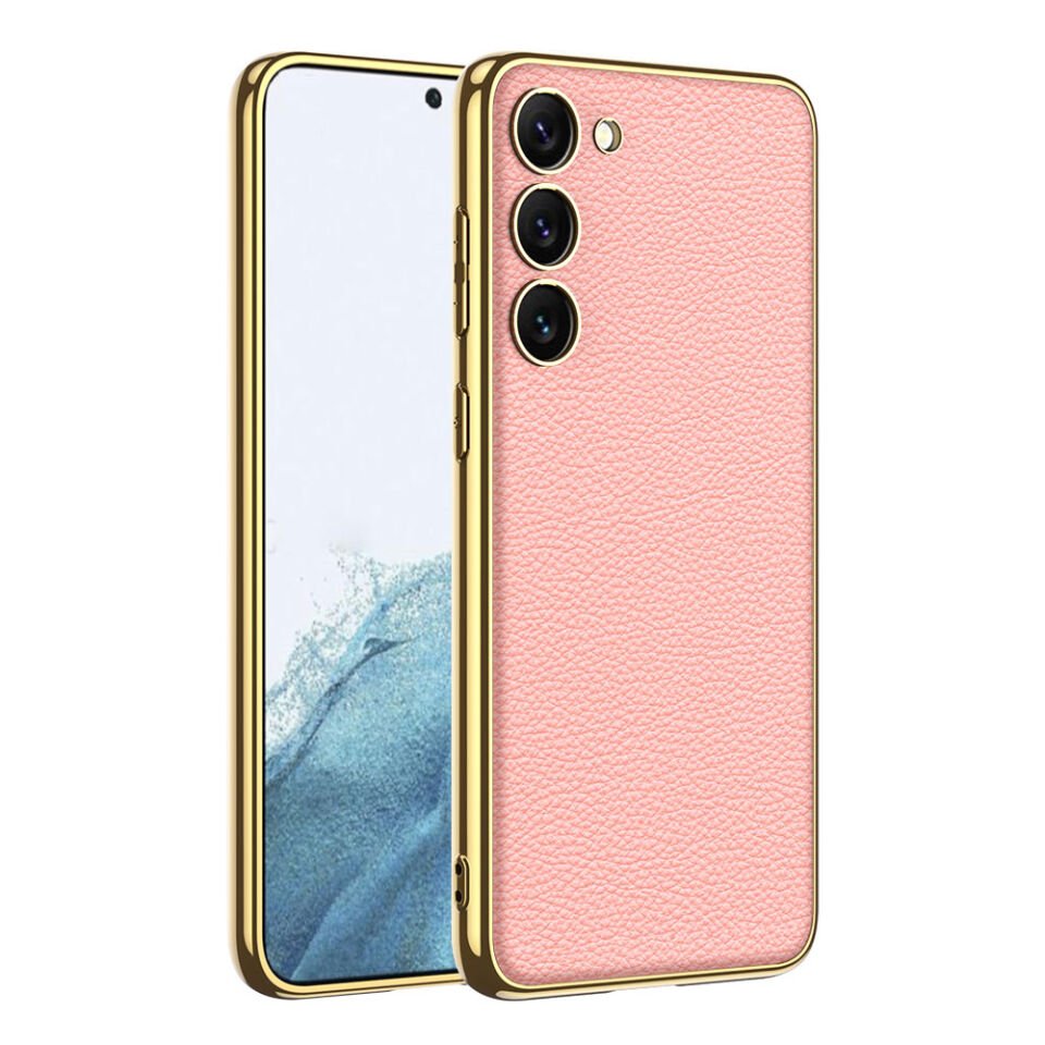Samsung Galaxy S23 Plus Kılıf Deri Görünümlü Kenarları Elektroplating Kaplamalı Kapak (Fizyon) Pembe