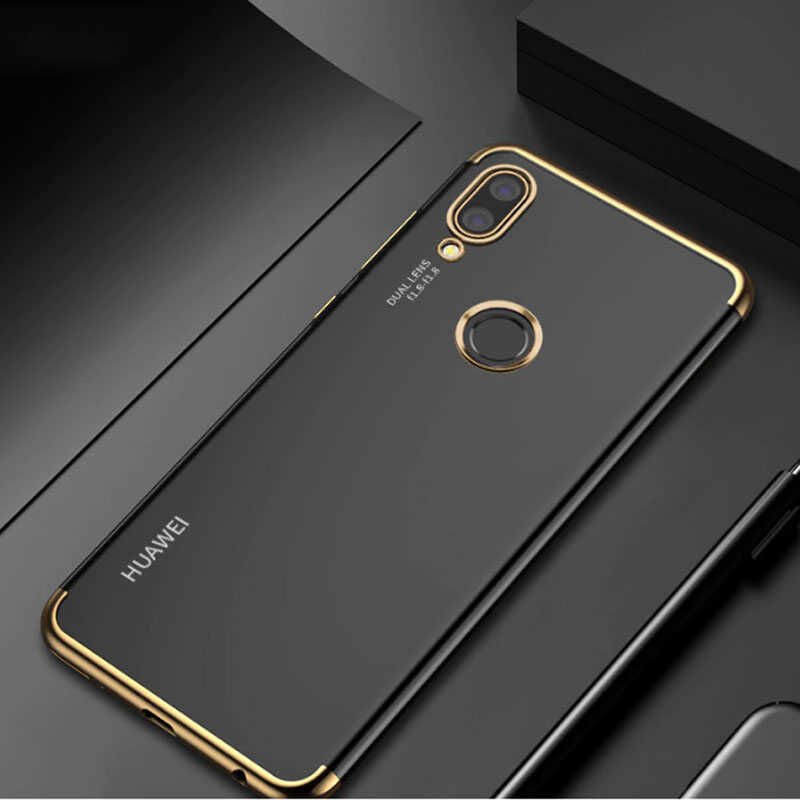 Huawei P Smart 2019 Kılıf Dört Köşe Renkli Lazer Şeffaf Silikon Kapak (GLİTTER) Gold