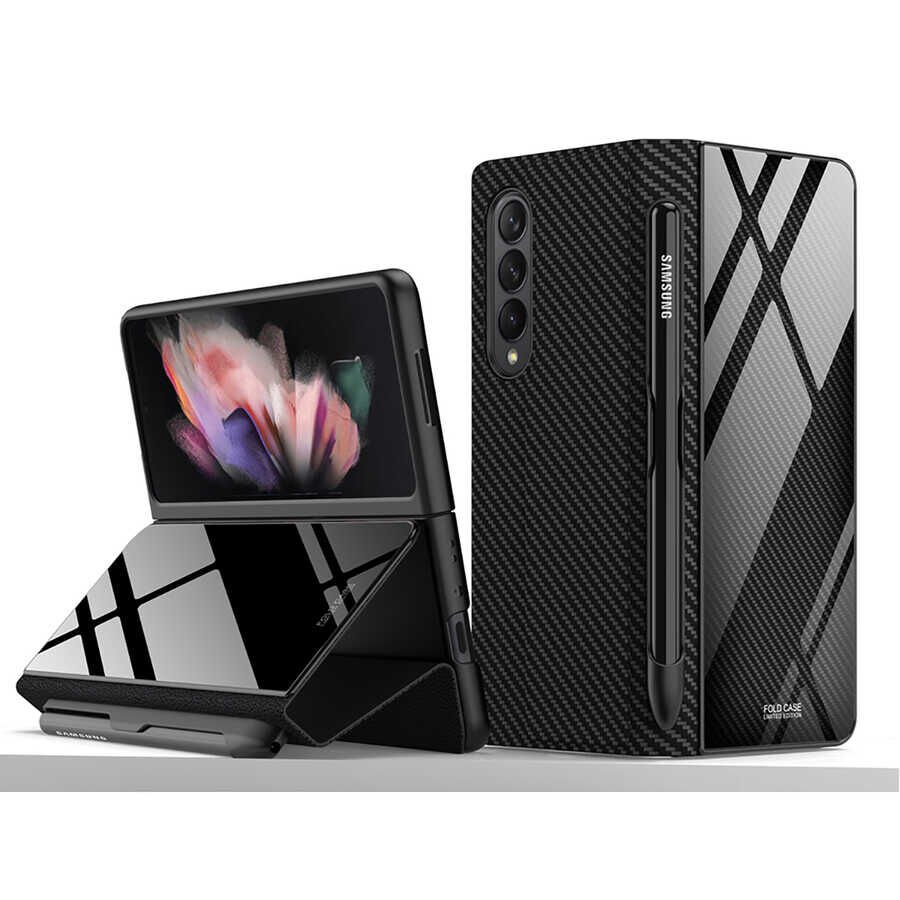 Samsung Galaxy Z Fold 3 Kılıf Karbon Fiber Tasarım Parmak İzi Bırakmayan Kalem Bölmeli Kılıf (Droga) Siyah