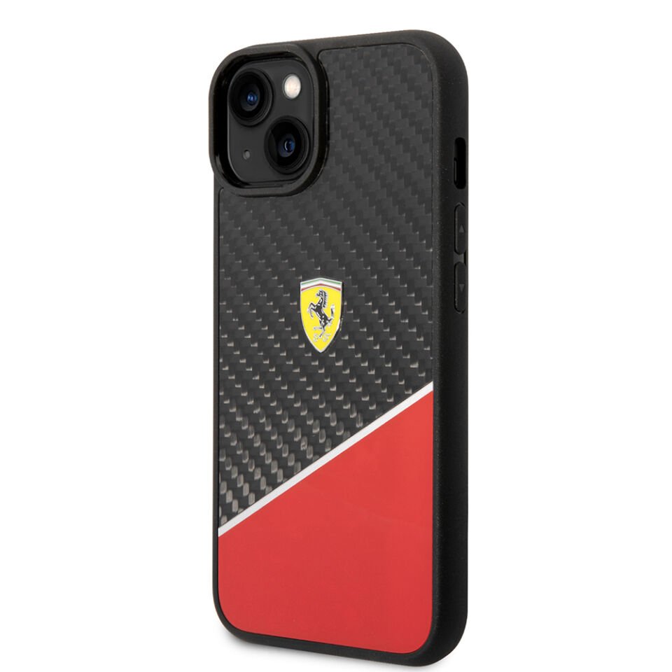 Apple iPhone 14 Plus Kılıf Ferrari Orjinal Lisanlı Klasik Metal Logolu Karbon Şerit Desenli Kapak