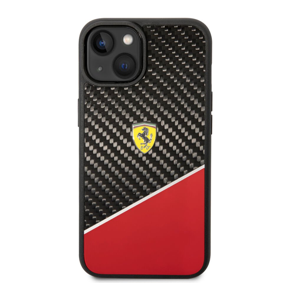 Apple iPhone 14 Plus Kılıf Ferrari Orjinal Lisanlı Klasik Metal Logolu Karbon Şerit Desenli Kapak