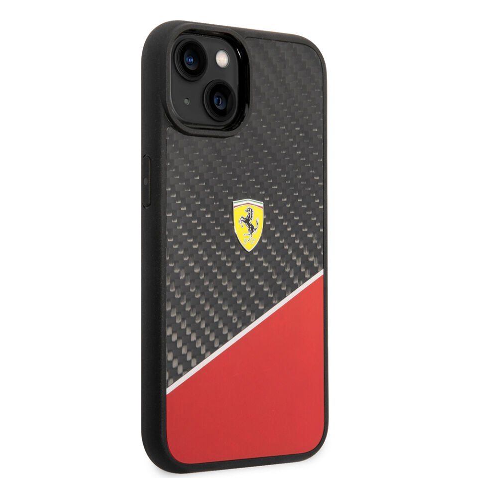 Apple iPhone 14 Plus Kılıf Ferrari Orjinal Lisanlı Klasik Metal Logolu Karbon Şerit Desenli Kapak