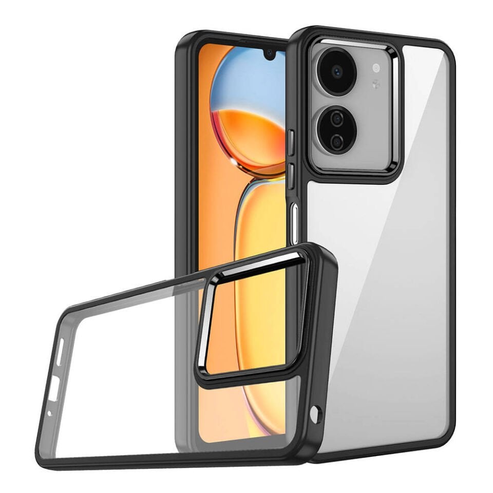 Xiaomi Redmi 13C Kılıf Kamera Çıkıntılı Arkası Şeffaf Hassas Tuşlu Kenarlı Kapak (Flora) Siyah