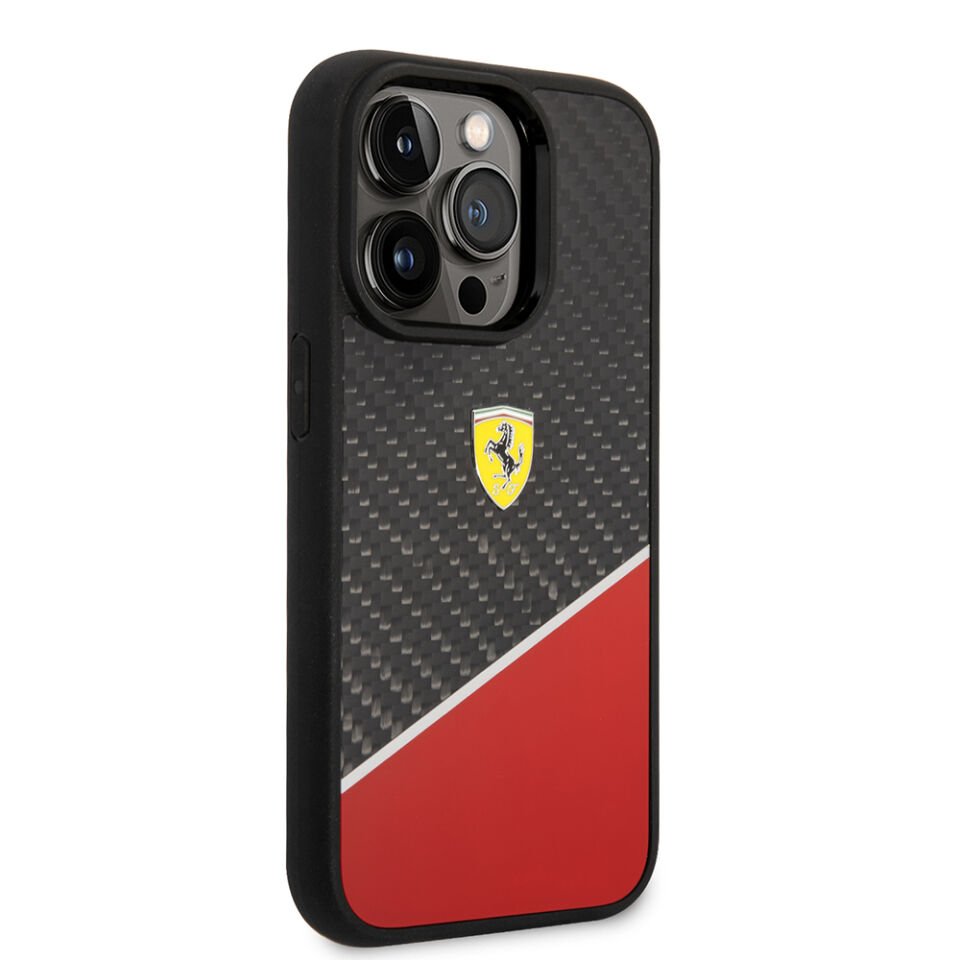 Apple iPhone 14 Pro Max Kılıf Ferrari Orjinal Lisanlı Klasik Metal Logolu Karbon Şerit Desenli Kapak