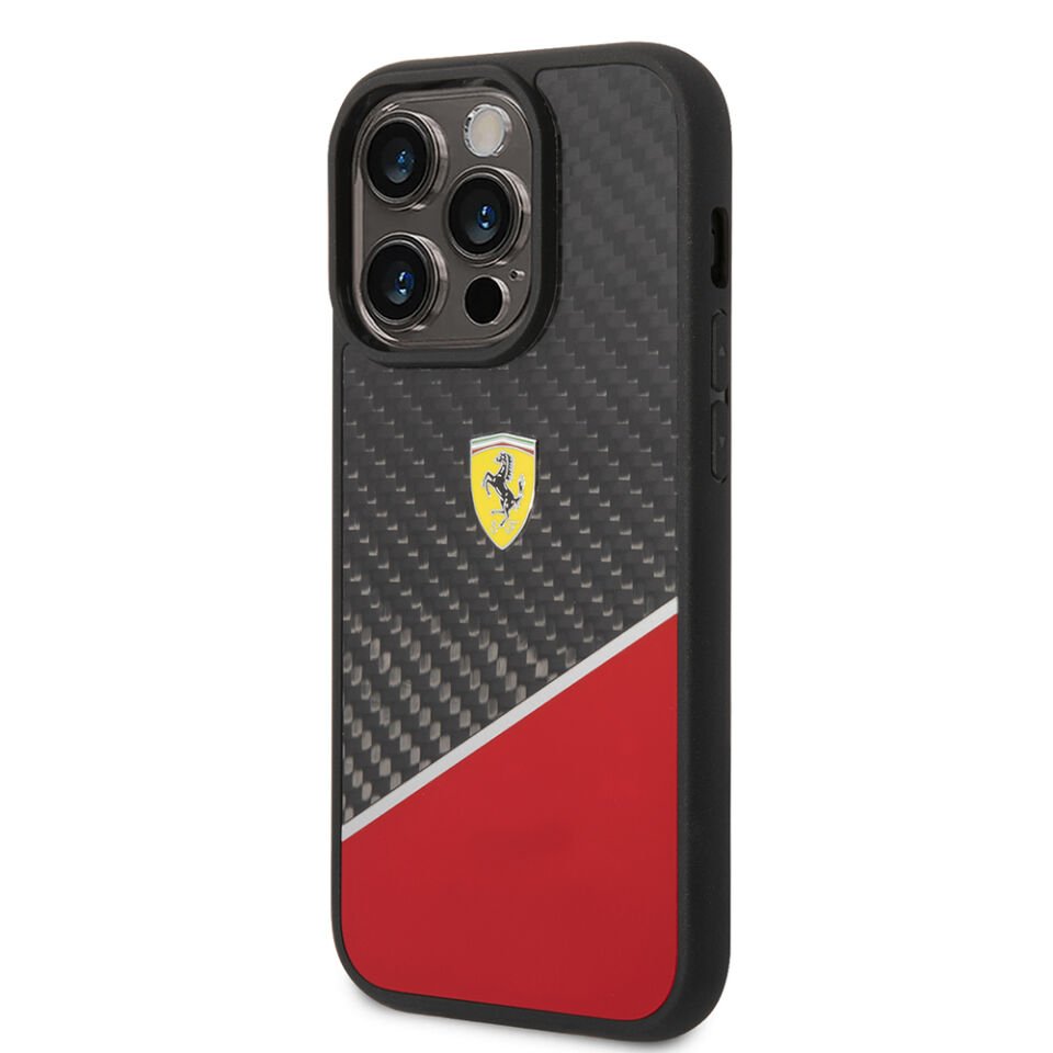 Apple iPhone 14 Pro Max Kılıf Ferrari Orjinal Lisanlı Klasik Metal Logolu Karbon Şerit Desenli Kapak