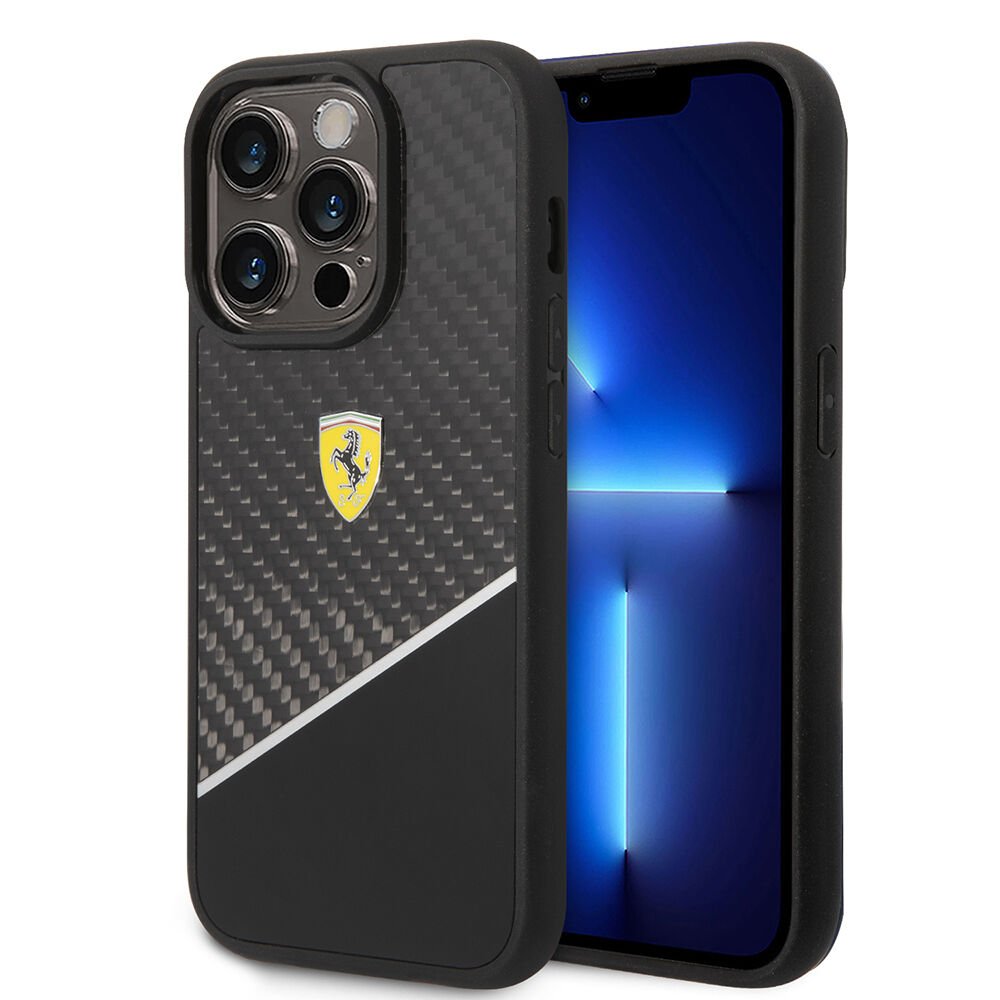 Apple iPhone 14 Pro Max Kılıf Ferrari Orjinal Lisanlı Klasik Metal Logolu Karbon Şerit Desenli Kapak