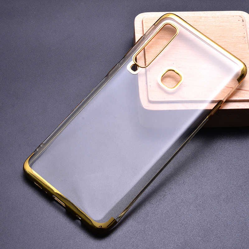 Samsung Galaxy A9 2018 Kılıf Dört Köşe Renkli Lazer Şeffaf Silikon Kapak (GLİTTER) Gold