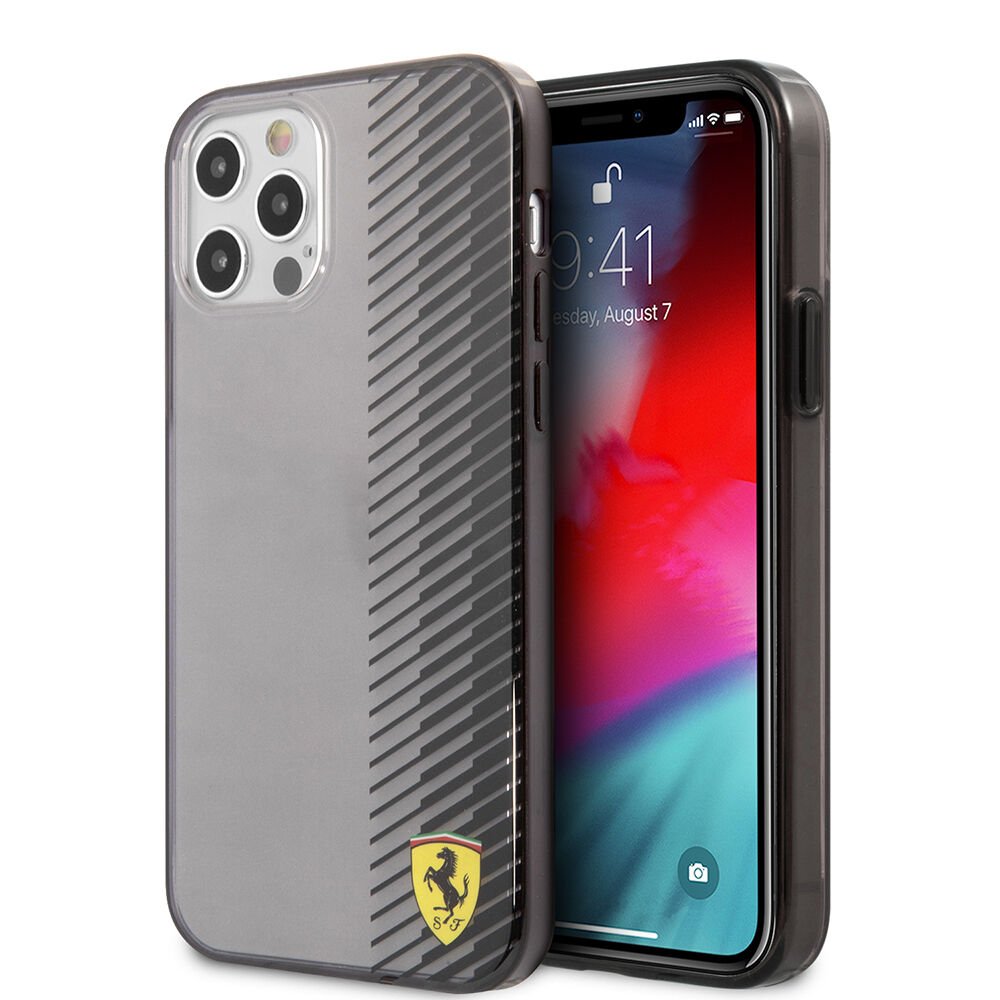Apple iPhone 12 Pro Max Kılıf Ferrari Orjinal Lisanlı Klasik Metal Logolu Transparan Çizgi Desenli Gradient Kapak