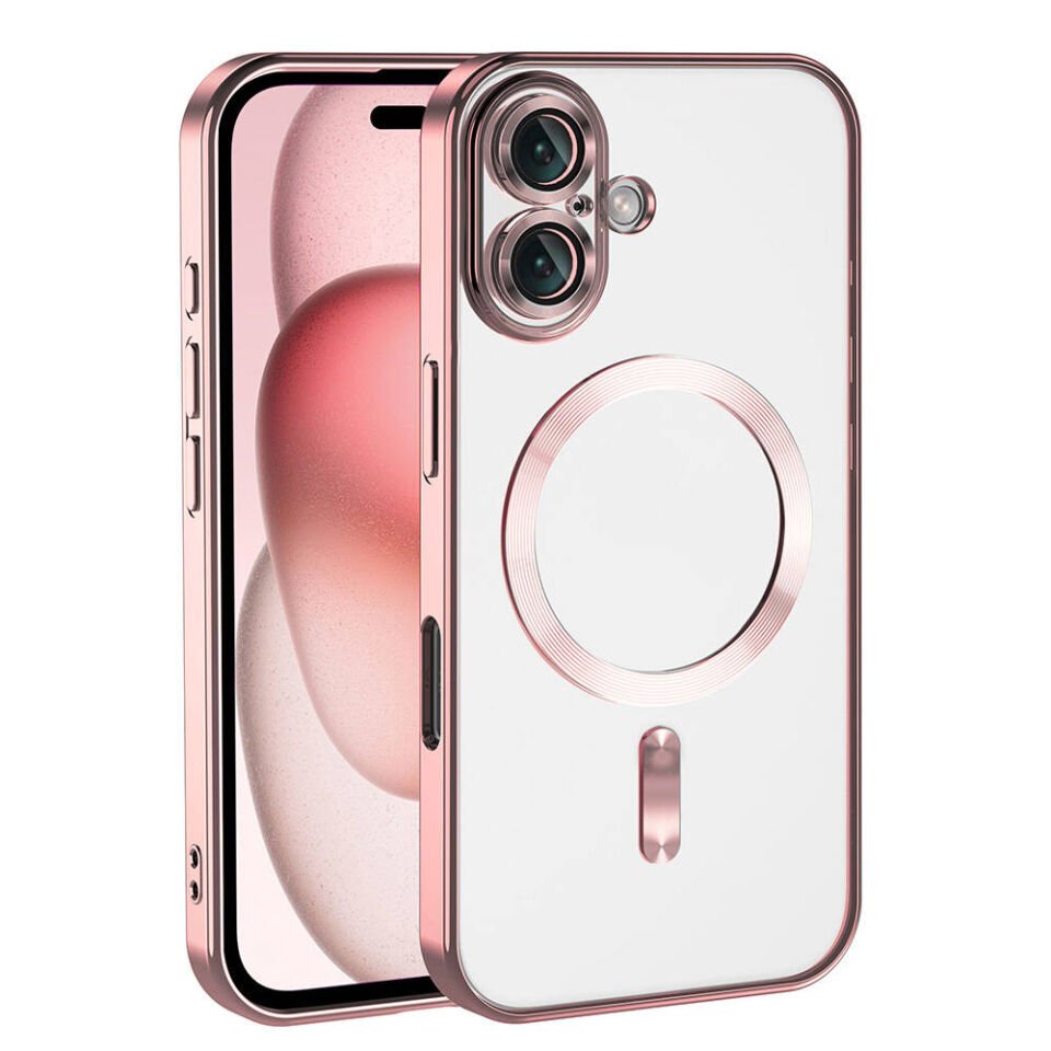 Apple iPhone 16 Kılıf Kamera Lens Korumalı Magsafe Şarj Destekli Şeffaf Renkli Kapak (DEMRE) Rose Gold