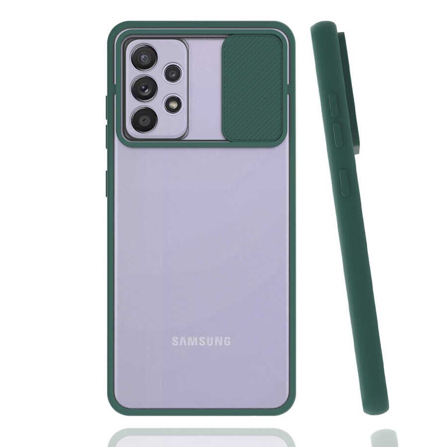 Samsung Galaxy A52 Kılıf Slayt Sürgülü Kamera Korumalı Renkli Silikon Kapak Koyu Yeşil