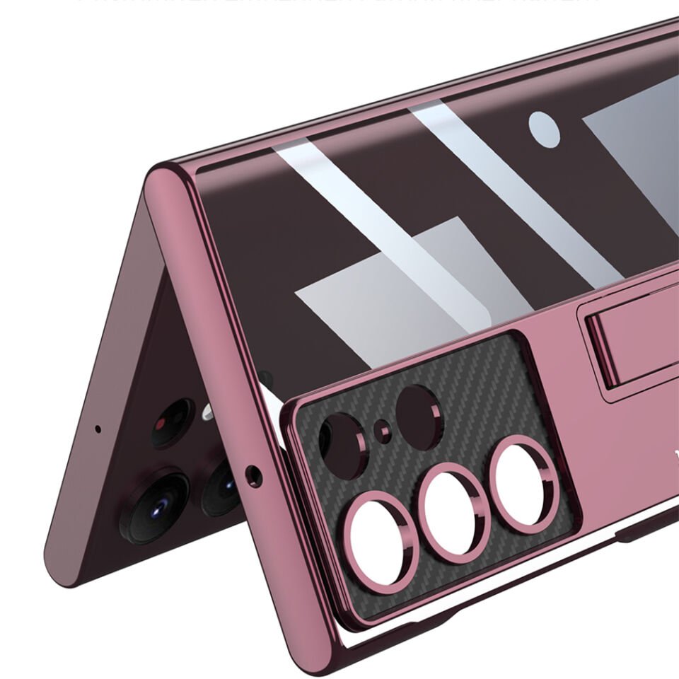 Samsung Galaxy S23 Ultra Kılıf Kamera Korumalı Şeffaf Tasarımlı Standlı Kapak (Lego) Mor