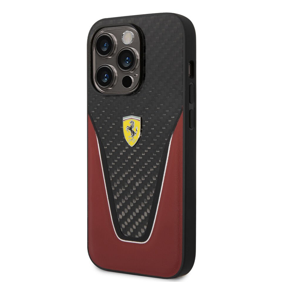 Apple iPhone 14 Pro Max Kılıf Ferrari Orjinal Lisanlı Klasik Metal Logolu Karbon V Desenli Kapak