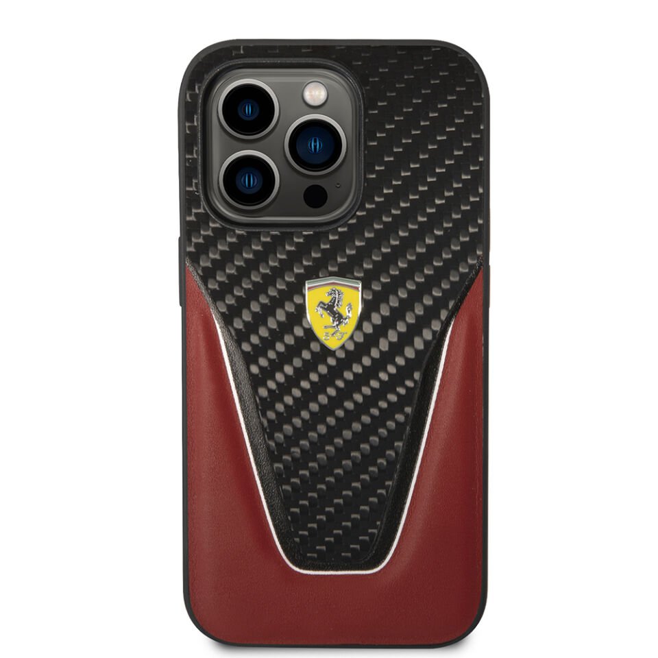 Apple iPhone 14 Pro Max Kılıf Ferrari Orjinal Lisanlı Klasik Metal Logolu Karbon V Desenli Kapak
