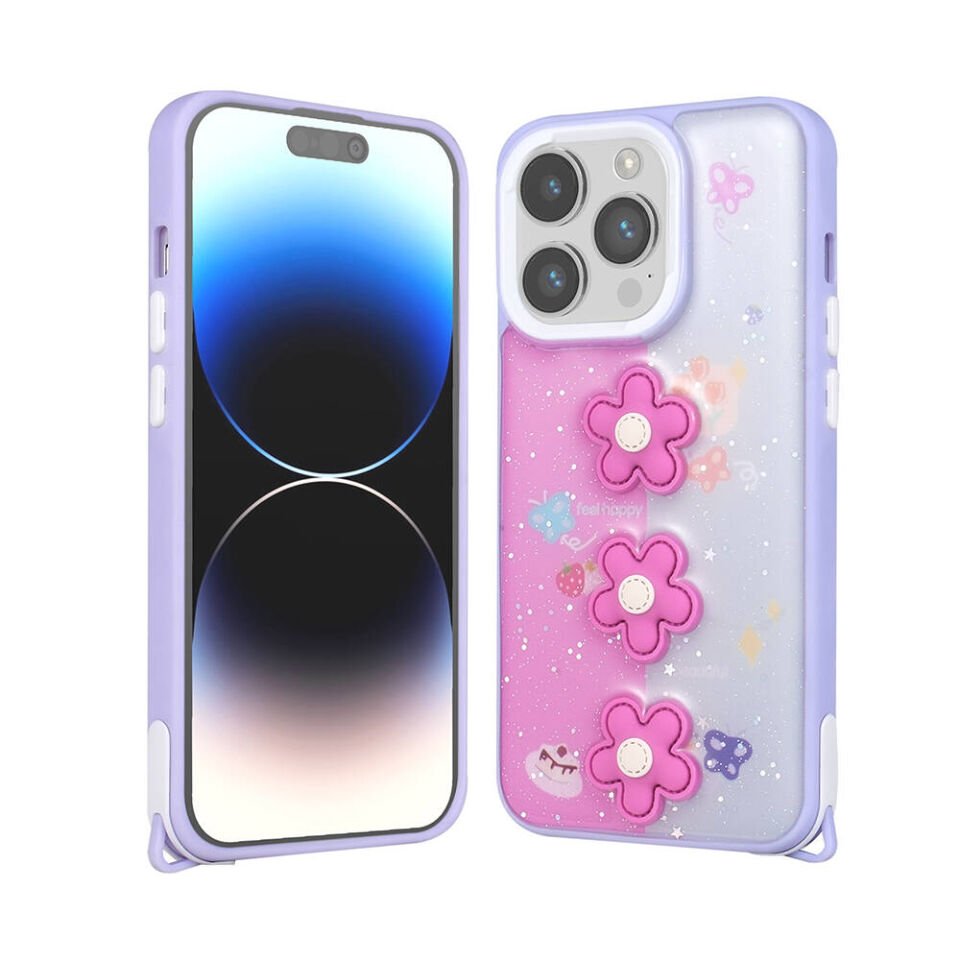 Apple  iPhone 14 Pro Max Kılıf Parlayan Sıvılı Simli Kabartma Figürlü Kapak (Cevze) Pembe