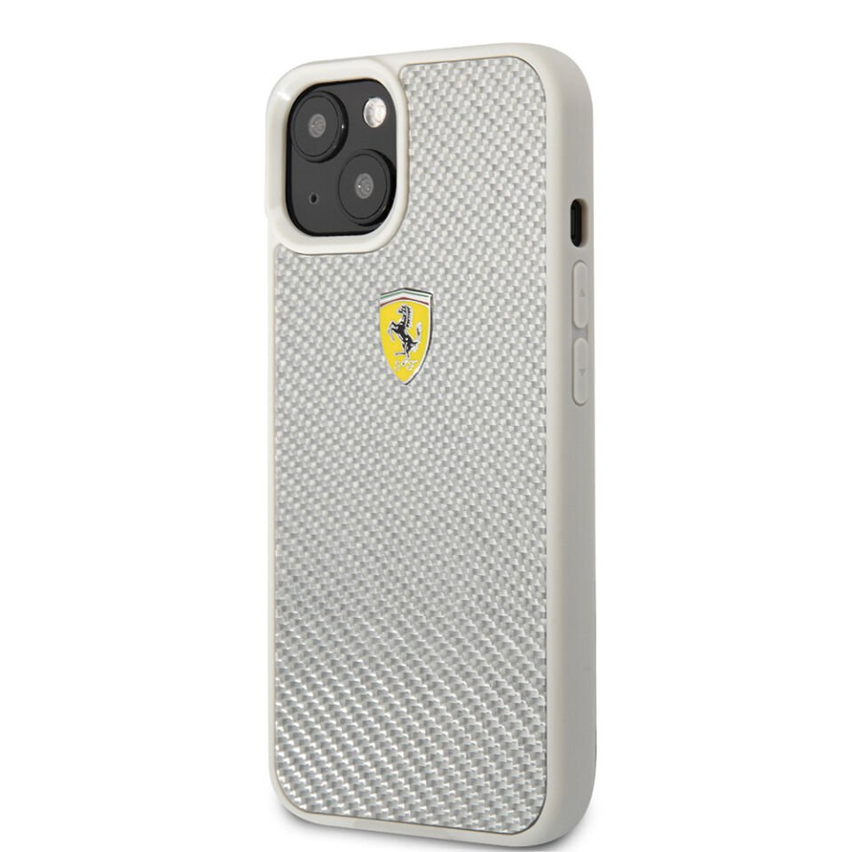 Apple iPhone 13 Kılıf Ferrari Orjinal Lisanlı Klasik Metal Logolu Karbon Dizayn Kapak