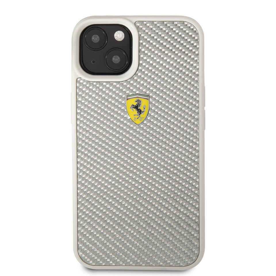 Apple iPhone 13 Kılıf Ferrari Orjinal Lisanlı Klasik Metal Logolu Karbon Dizayn Kapak