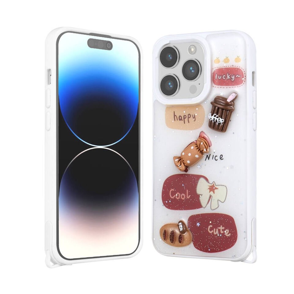 Apple  iPhone 14 Pro Max Kılıf Parlayan Sıvılı Simli Kabartma Figürlü Kapak (Cevze) Beyaz