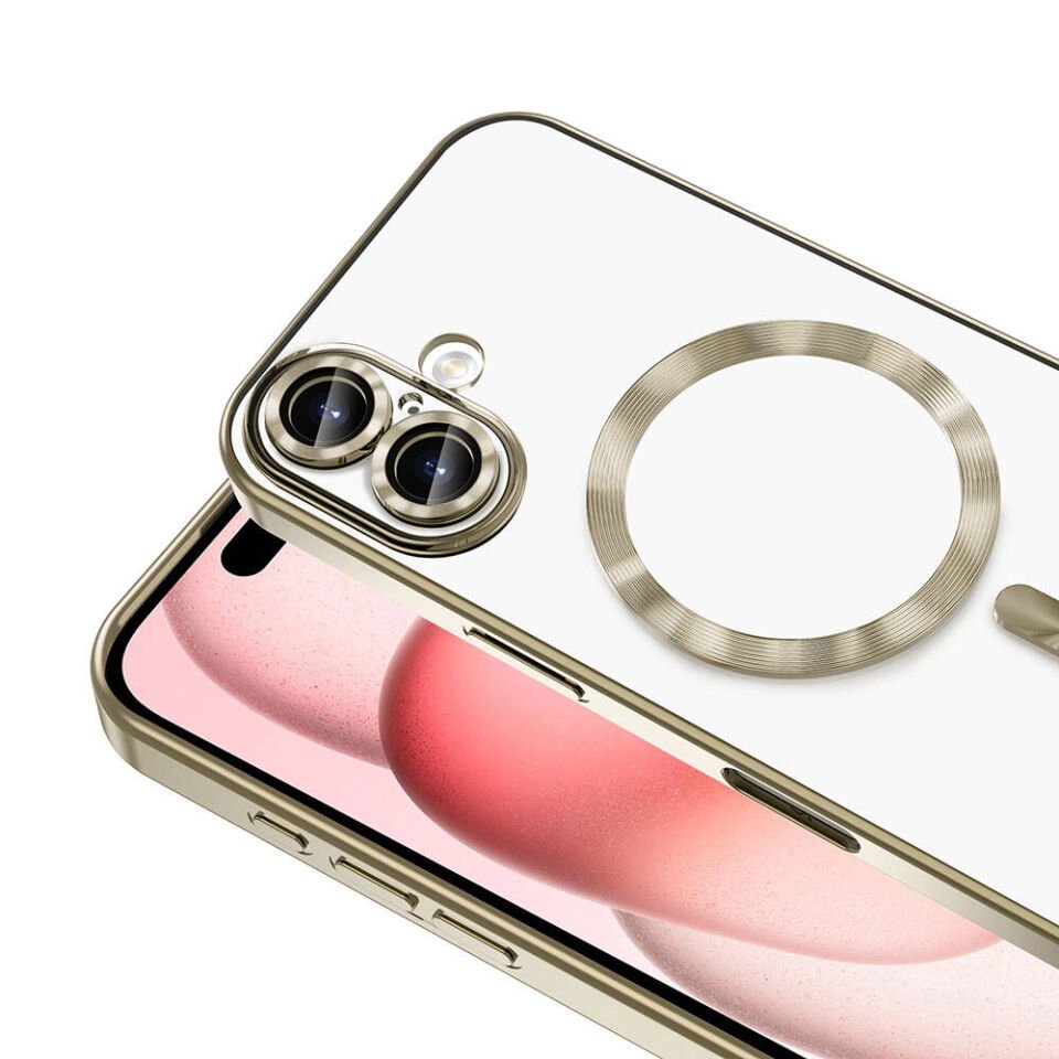 Apple iPhone 16 Kılıf Kamera Lens Korumalı Magsafe Şarj Destekli Şeffaf Renkli Kapak (DEMRE) Gold