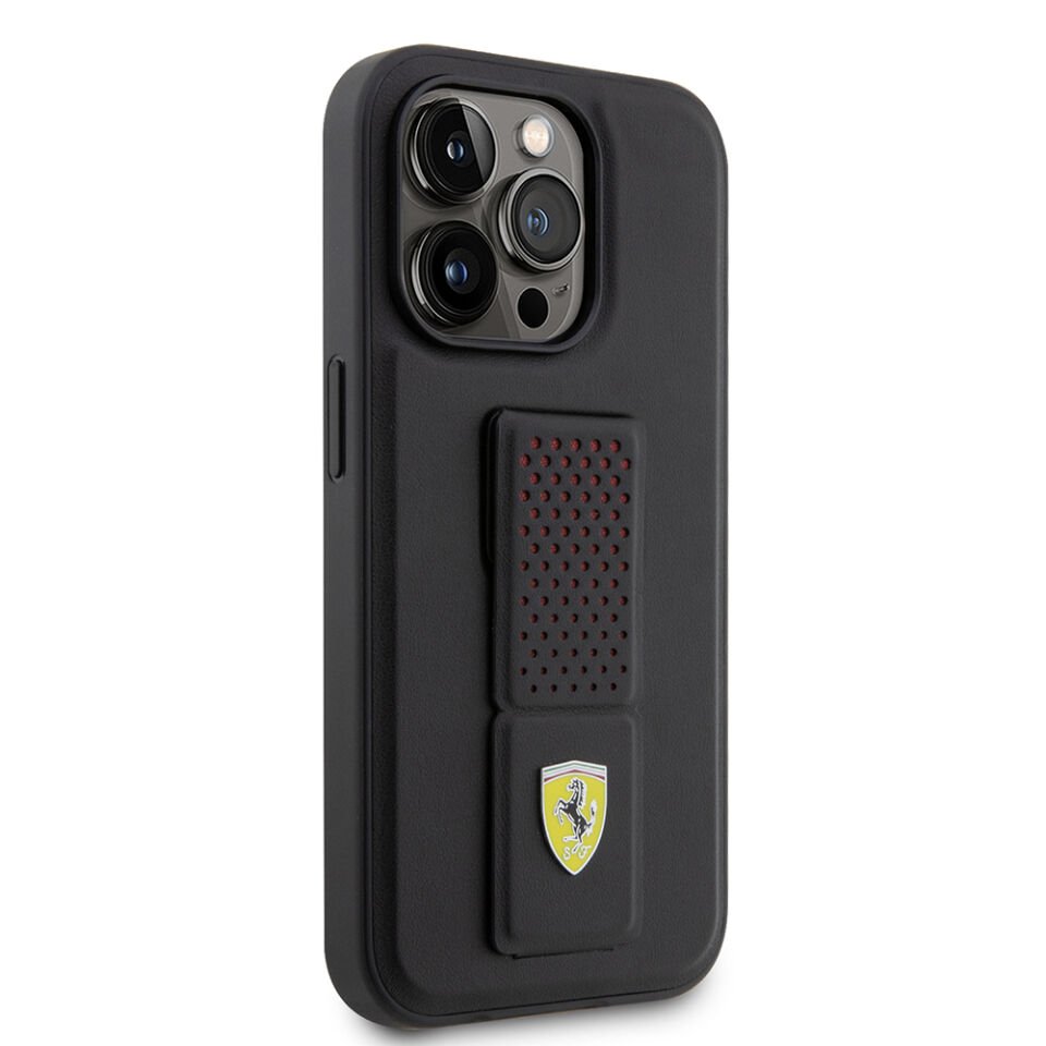 Apple iPhone 14 Pro Kılıf Ferrari Orjinal Lisanlı Klasik Metal Logolu Delikli Standlı Deri Kapak