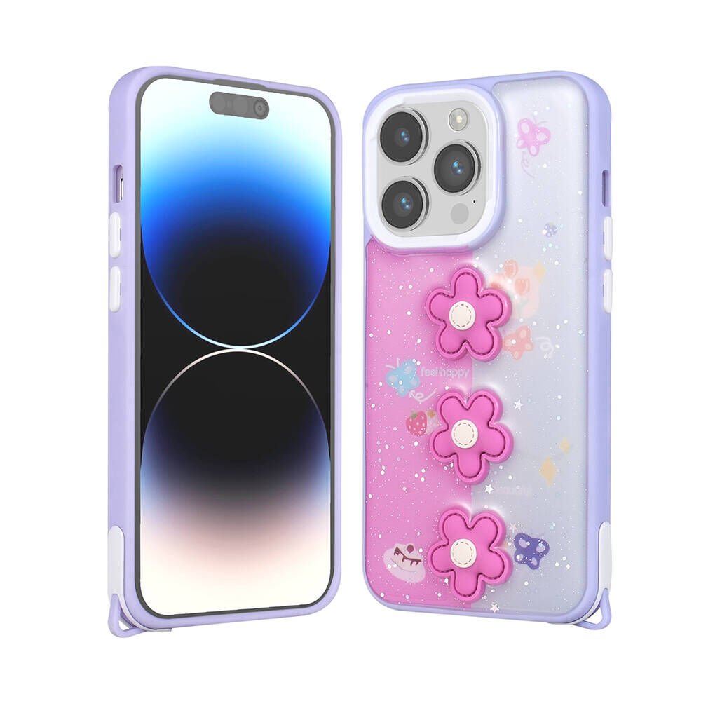 Apple  iPhone 14 Pro Max Kılıf Parlayan Sıvılı Simli Kabartma Figürlü Kapak (Cevze) Mor Papatya