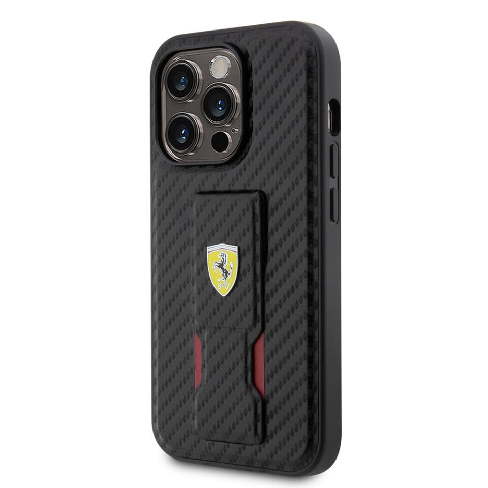 Apple iPhone 14 Pro Kılıf Ferrari Orjinal Lisanlı Klasik Metal Logolu Delikli Standlı Karbon Kapak